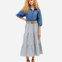 Saia midi feminino com linho e cinto listrada azul