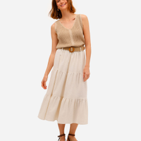 Saia midi feminina com linho e cinto bege