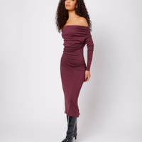 Vestido ombro a ombro feminino franzido mindset vinho