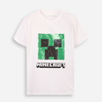 Camiseta infantil de algodão minecraft com paetê off white