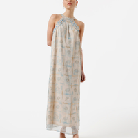 Vestido longo feminino com bordado estampado bege