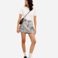 Saia cargo feminina jeans cintura média cinza