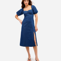 Vestido midi feminino jeans manga bufante com fenda azul