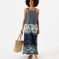 Vestido midi alça fina feminino com viscose e fendas estampado azul