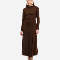 Vestido midi feminino manga longa franzido marrom