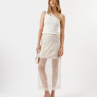 Saia midi feminina de organza bordada com fenda off white