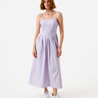 Vestido midi alça fina feminino com pregas listrado lilás