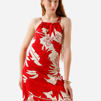 Vestido curto feminino de viscose folhagens vermelho