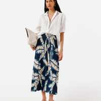 Saia midi feminina plissada folhagens azul