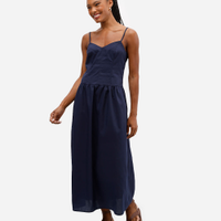 Vestido feminino longo cintura alongada com alça fina azul