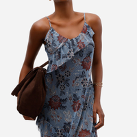 Vestido midi feminino de tule alça fina com babados floral azul