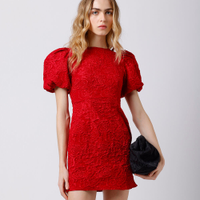 Vestido curto feminino de jacquard manga bufante floral mindset vermelho