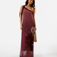 Vestido feminino ombro único tule estampado