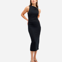 Vestido midi feminino franzido com fenda preto