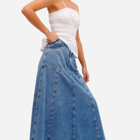 Saia evasê feminina jeans cintura alta com recortes azul
