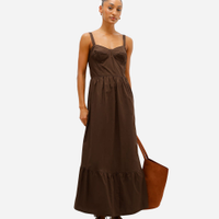 Vestido longo feminino de algodão alça fina com recortes marrom