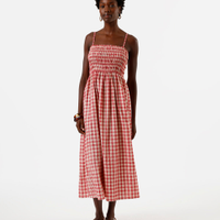 Vestido midi alça fina feminino com linho xadrez vermelho