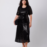 Vestido midi feminino de paetê com amarração mindset plus size preto