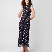 Vestido midi feminino de tule franzido poá mindset preto