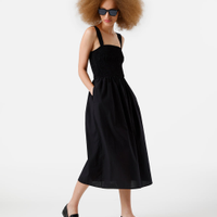 Vestido midi feminino de algodão franzido preto