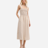 Vestido midi feminino de algodão franzido bege