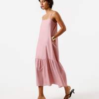 Vestido midi feminino alça fina com linho e recorte rosa
