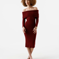 Vestido ombro a ombro feminino de tricot canelado vinho