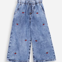 Calça wide leg infantil jeans bordado cerejas azul