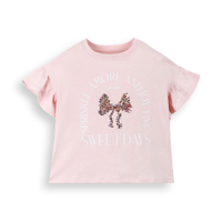 Blusa infantil de algodão com laço de paetê e babados rosa