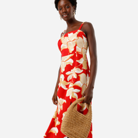 Vestido midi feminino de viscose com fenda floral vermelho