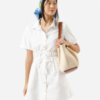 Vestido curto chemise feminino de sarja manga curta franzido off white