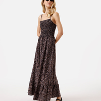 Vestido longo alça fina feminino de viscose com recorte floral preto