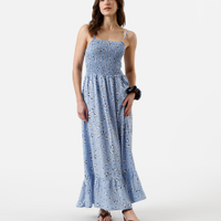 Vestido longo feminino de viscose com recorte e lastex floral azul
