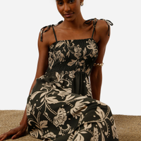 Vestido midi feminino de viscose com lastex floral verde