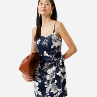 Vestido curto alça fina feminino de viscose com amarração floral azul