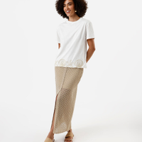 Saia midi feminina de tricot com lurex e fenda dourada