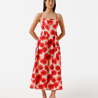 Vestido midi alça fina feminino de algodão com pregas floral colorido