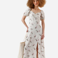 Vestido midi feminino de viscose com fenda poá e floral bege