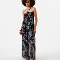 Vestido longo feminino de tule com recorte folhagens azul