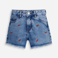 Short mom infantil jeans bordado cerejas azul