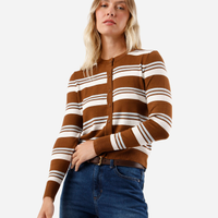 Cardigan feminino de tricot listrado bege