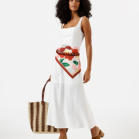 Vestido midi feminino com linho e recortes decote quadrado off white