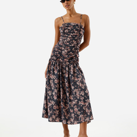 Vestido midi alça fina feminino com viscose franzido floral roxo