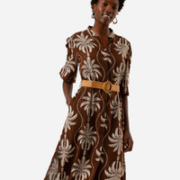 Vestido midi chemise feminino de viscose e lurex com cinto folhagens marrom