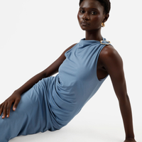 Vestido midi feminino franzido com fivela azul