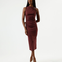 Vestido midi feminino franzido com fivela vinho