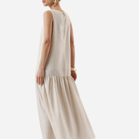 Vestido midi feminino com linho e recorte bege