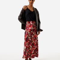 Saia midi feminina floral acetinada rosa