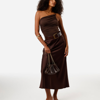 Saia midi feminina acetinada marrom