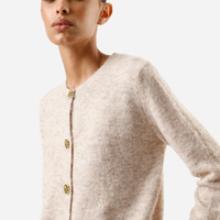 Cardigan feminino de tricot decote redondo texturizado bege